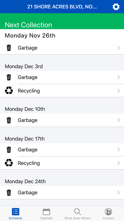 North Bay Recycles Screenshot - List View